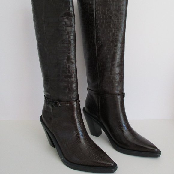 Rebecca Minkoff Shoes - Rebecca Minkoff Espresso Brown Santal Croc Stamped Leather Knee High Boots Sz 8